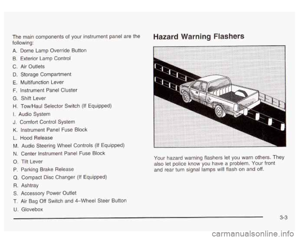 GMC SIERRA DENALI 2003  Owners Manual Hazard  Warning  Flashers The  main  components of your instrument panel are  the 
following: 
A.  Dome  Lamp Override Button 
9.  Exterior  Lamp  Control 
C.  Air  Outlets 
D.  Storage  Compartment 
