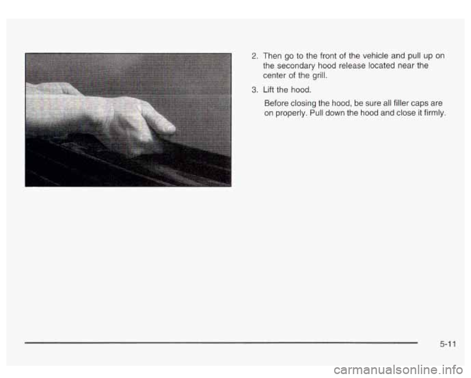 GMC SIERRA DENALI 2003 Owners Manual 2. Then go to the front of the vehicle and pull up on
the secondary hood release located near the
center of the grill.
3. Lift the hood.
Before closing the hood,
be sure all filler GMC SIERRA DENALI 2003 Owners Manual 2. Then go to the front of the vehicle and pull up on
the secondary hood release located near the
center of the grill.
3. Lift the hood.
Before closing the hood,
be sure all filler