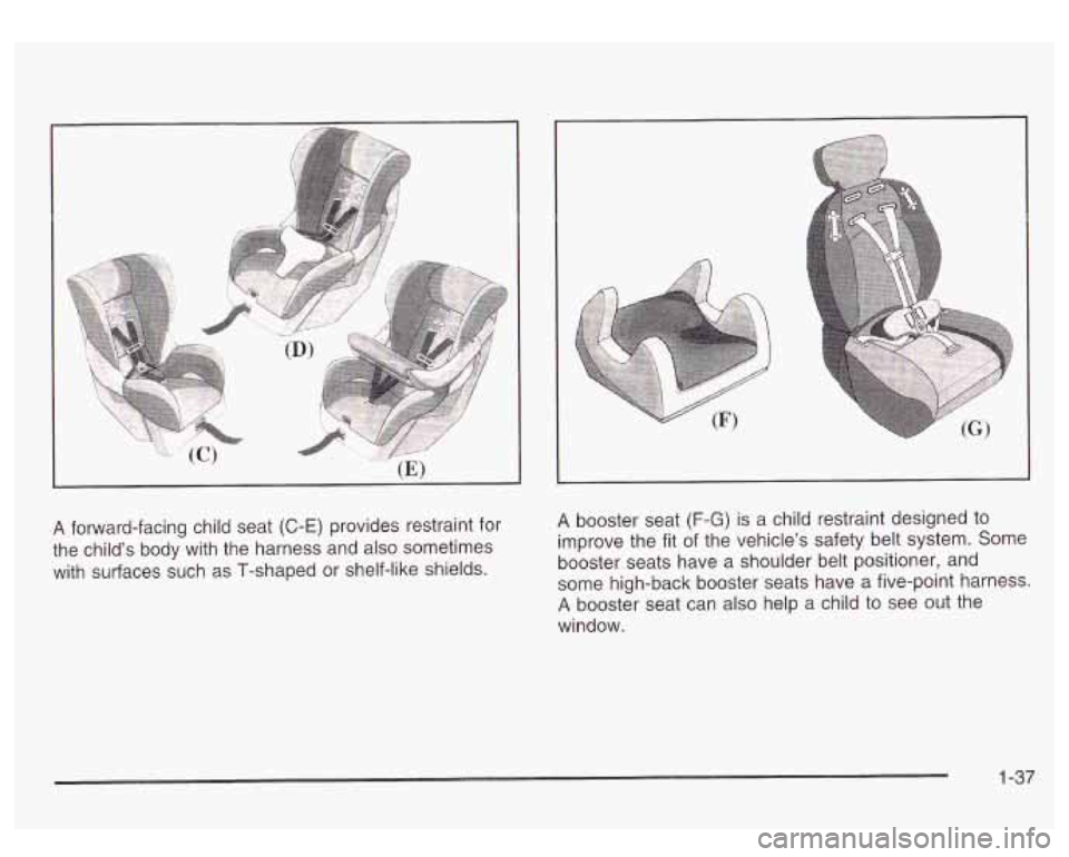 GMC SIERRA DENALI 2003 Service Manual I 
A forward-facing child seat (C-E) provides restraint for 
the  child’s  body  with  the  harness  and also  sometimes 
with  surfaces  such  as T-shaped  or  shelf-like shields. 
I 
I 
A booster 