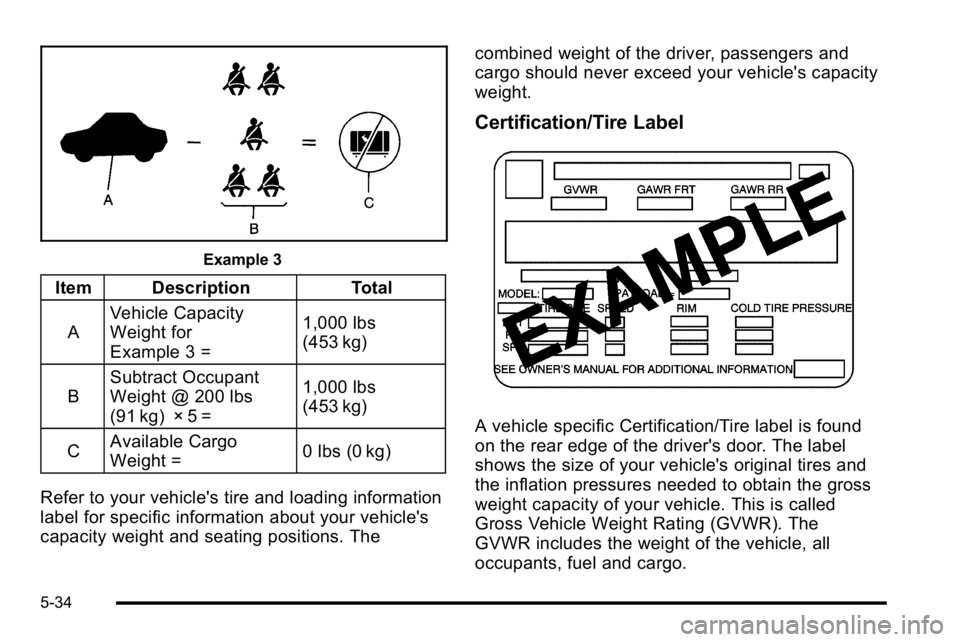 GMC YUKON DENALI 2010  Owners Manual Example 3
Item DescriptionTotal
A Vehicle Capacity
Weight for
Example 3 = 1,000 lbs
(453 kg)
B Subtract Occupant
Weight @ 200 lbs
(91 kg) × 5 = 1,000 lbs
(453 kg)
C Available Cargo
Weight =
0 lbs (0 