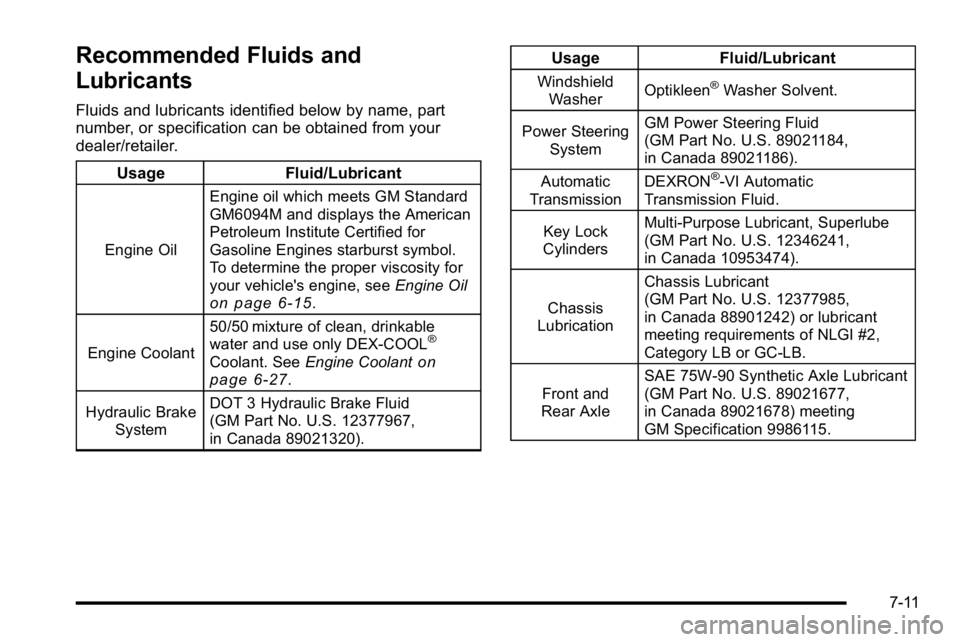GMC YUKON DENALI 2010 Owners Manual Recommended Fluids and
Lubricants
Fluids and lubricants identified below by name, part
number, or specification can be obtained from your
dealer/retailer.Usage Fluid/Lubricant
Engine OilEngine oil whi GMC YUKON DENALI 2010 Owners Manual Recommended Fluids and
Lubricants
Fluids and lubricants identified below by name, part
number, or specification can be obtained from your
dealer/retailer.Usage Fluid/Lubricant
Engine OilEngine oil whi