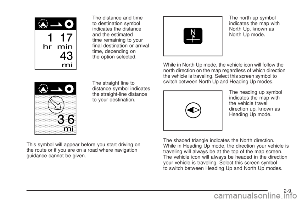 GMC YUKON DENALI 2009 Owners Manual The distance and time
to destination symbol
indicates the distance
and the estimated
time remaining to your
�nal destination or arrival
time, depending on
the option selected.
The straight line to
dis