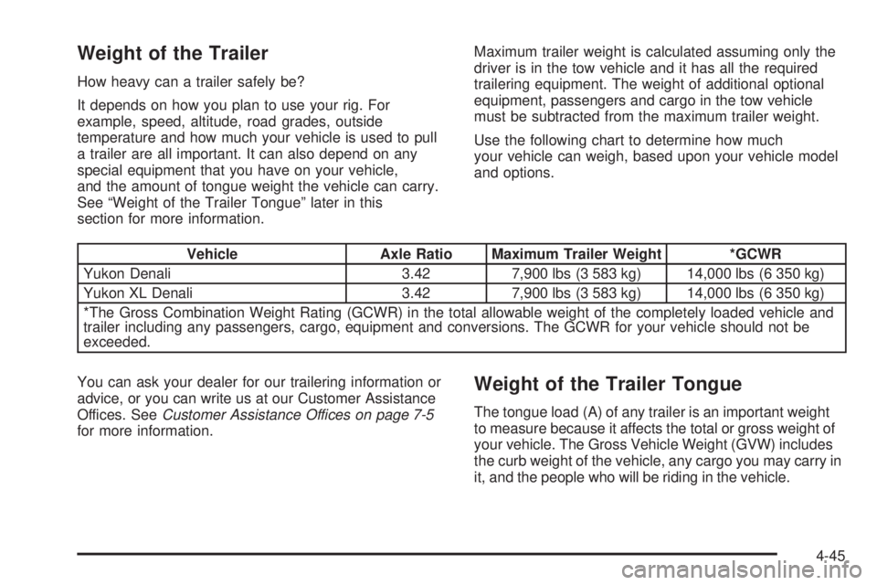 GMC YUKON DENALI 2008 Owners Manual Weight of the Trailer
How heavy can a trailer safely be?
It depends on how you plan to use your rig. For
example, speed, altitude, road grades, outside
temperature and how much your vehicle is used to GMC YUKON DENALI 2008 Owners Manual Weight of the Trailer
How heavy can a trailer safely be?
It depends on how you plan to use your rig. For
example, speed, altitude, road grades, outside
temperature and how much your vehicle is used to