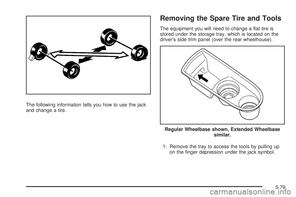 GMC YUKON DENALI 2008  Owners Manual The following information tells you how to use the jack
and change a tire.
Removing the Spare Tire and Tools
The equipment you will need to change a �at tire is
stored under the storage tray, which is