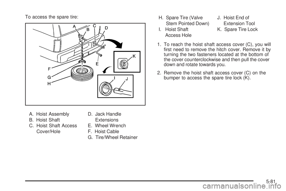 GMC YUKON DENALI 2008  Owners Manual To access the spare tire:
A. Hoist Assembly
B. Hoist Shaft
C. Hoist Shaft Access
Cover/HoleD. Jack Handle
Extensions
E. Wheel Wrench
F. Hoist Cable
G. Tire/Wheel RetainerH. Spare Tire (Valve
Stem Poin