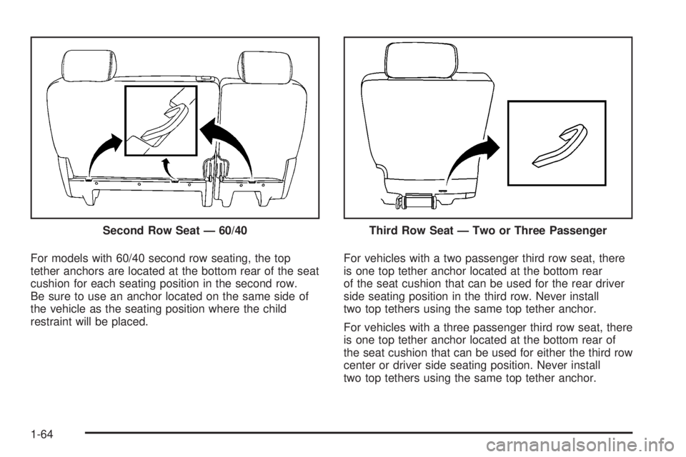 GMC YUKON DENALI 2008 Repair Manual For models with 60/40 second row seating, the top
tether anchors are located at the bottom rear of the seat
cushion for each seating position in the second row.
Be sure to use an anchor located on the