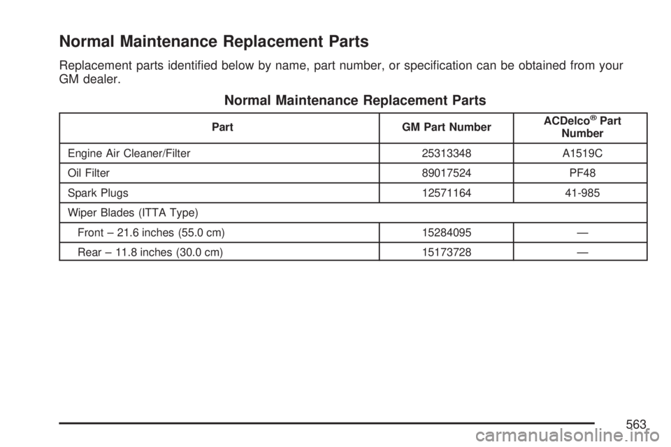 GMC YUKON DENALI 2007  Owners Manual Normal Maintenance Replacement Parts
Replacement parts identi�ed below by name, part number, or speci�cation can be obtained from your
GM dealer.
Normal Maintenance Replacement Parts
Part GM Part Numb