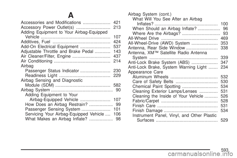 GMC YUKON DENALI 2007  Owners Manual A
Accessories and Modi�cations..................... 421
Accessory Power Outlet(s).......................... 213
Adding Equipment to Your Airbag-Equipped
Vehicle........................................