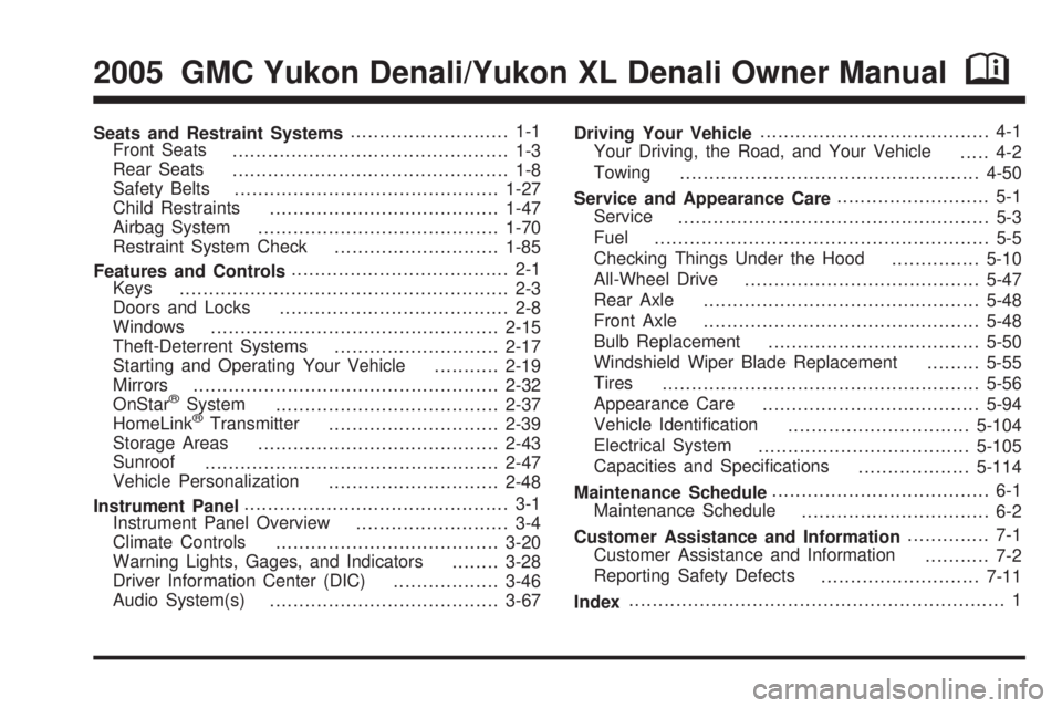 GMC YUKON DENALI 2005  Owners Manual Seats and Restraint Systems........................... 1-1
Front Seats
............................................... 1-3
Rear Seats
............................................... 1-8
Safety Belts
.