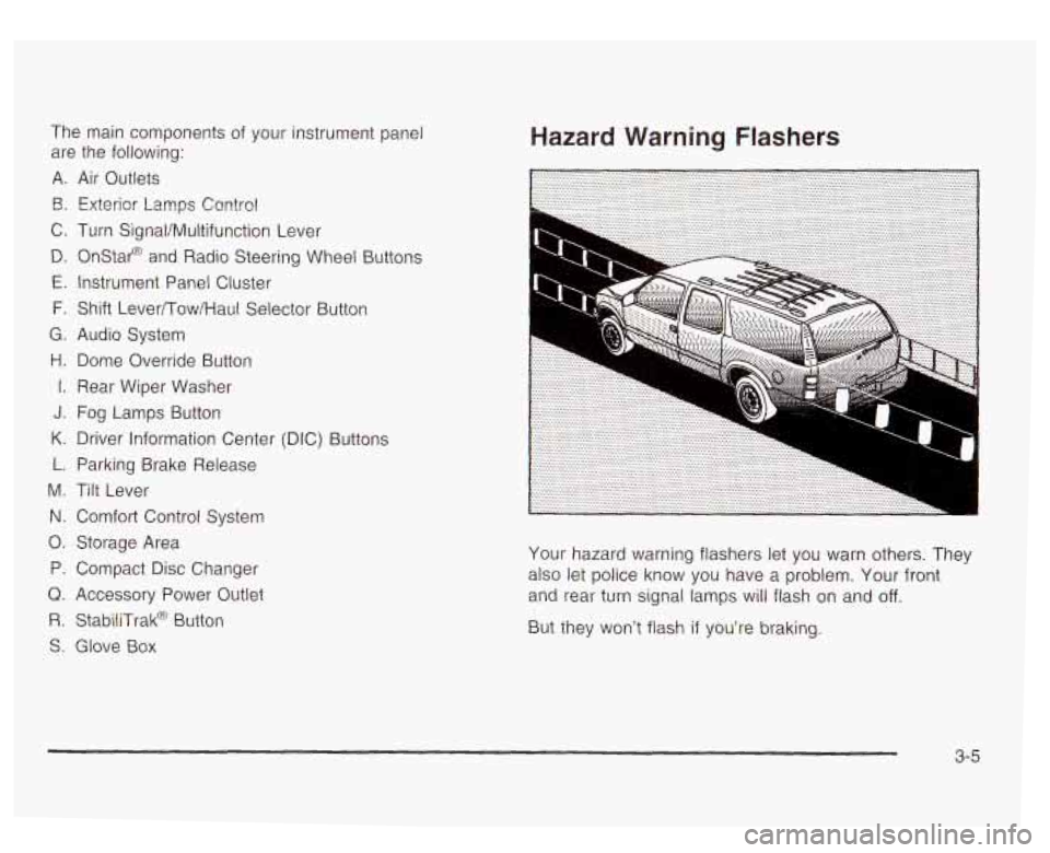 GMC YUKON DENALI 2003 Owners Manual The main components of your instrument panel
are the following:
A. Air Outlets
€3. Exterior Lamps Contro!
C. Turn SignaVMultifunction Lever
D. Onstar@ and Radio Steering Wheel Buttons
GMC YUKON DENALI 2003 Owners Manual The main components of your instrument panel
are the following:
A. Air Outlets
€3. Exterior Lamps Contro!
C. Turn SignaVMultifunction Lever
D. Onstar@ and Radio Steering Wheel Buttons