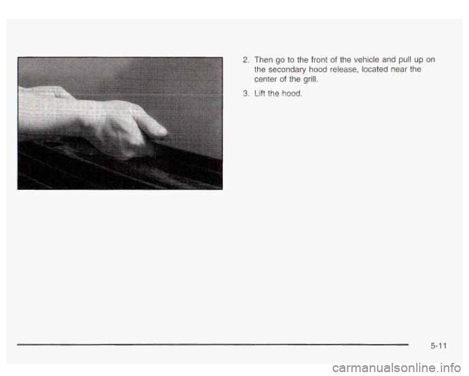 GMC YUKON DENALI 2003 Owners Manual 2. Then go to the front of the vehicle and pull up on
the secondary hood release, located near the
center of the grill.
3. Lift the hood,
5-1 1 GMC YUKON DENALI 2003 Owners Manual 2. Then go to the front of the vehicle and pull up on
the secondary hood release, located near the
center of the grill.
3. Lift the hood,
5-1 1