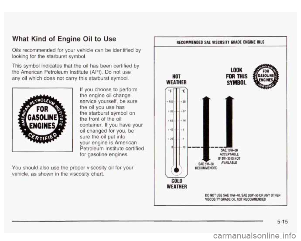GMC YUKON DENALI 2003 Owners Manual What Kind of Engine Oil to Use
Oils recommended for your vehicle can be identified by
looking for the starburst symbol.
This symbol indicates that the oil has been certified by
the A GMC YUKON DENALI 2003 Owners Manual What Kind of Engine Oil to Use
Oils recommended for your vehicle can be identified by
looking for the starburst symbol.
This symbol indicates that the oil has been certified by
the A