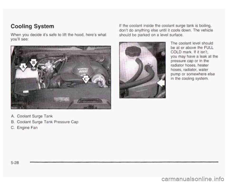 GMC YUKON DENALI 2003 Owners Manual Cooling System
When you decide it’s safe to lift the hood, here’s what
you’ll see: If the
coolant inside the coolant surge tank
is boiling,
don’t do anything else until
it cool GMC YUKON DENALI 2003 Owners Manual Cooling System
When you decide it’s safe to lift the hood, here’s what
you’ll see: If the
coolant inside the coolant surge tank
is boiling,
don’t do anything else until
it cool