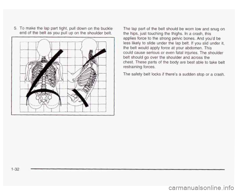 GMC YUKON DENALI 2003 Owners Guide 5. To make the lap part tight, pull down on the buckle
end of the belt as you pull up on the shoulder belt. The lap part of the belt should
be worn low and snug on
the hips, just t GMC YUKON DENALI 2003 Owners Guide 5. To make the lap part tight, pull down on the buckle
end of the belt as you pull up on the shoulder belt. The lap part of the belt should
be worn low and snug on
the hips, just t