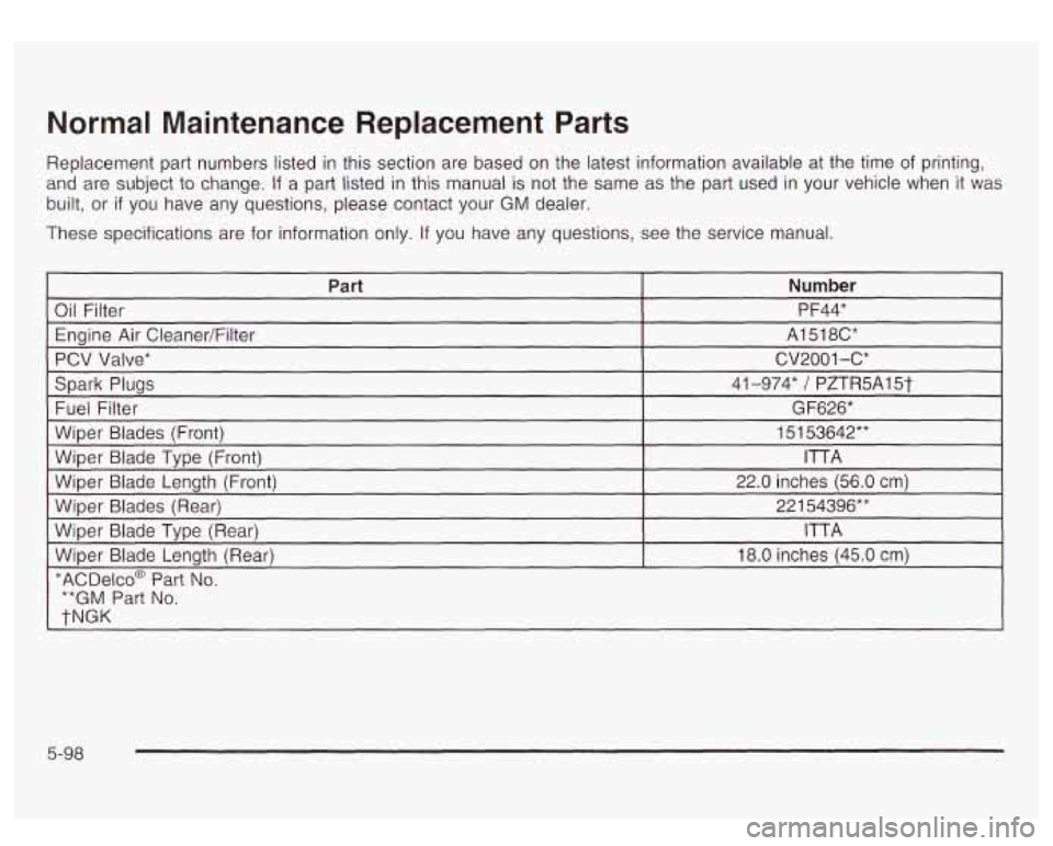 GMC YUKON DENALI 2003 Owners Manual Normal Maintenance Replacement Parts
Replacement part numbers listed in this section are based on the latest information available at the time of printing,
and are subject
to change. If GMC YUKON DENALI 2003 Owners Manual Normal Maintenance Replacement Parts
Replacement part numbers listed in this section are based on the latest information available at the time of printing,
and are subject
to change. If