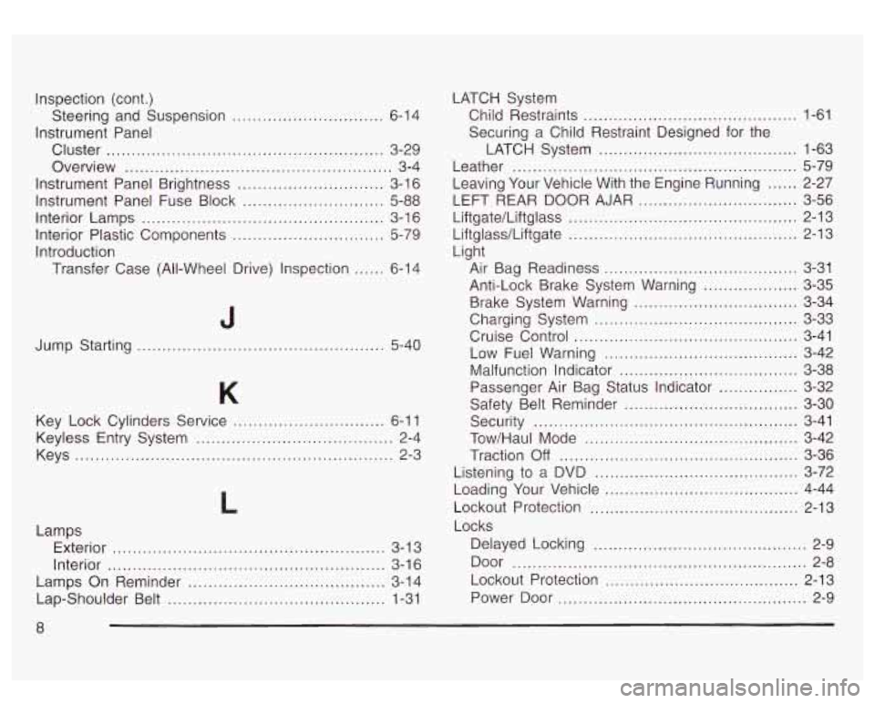 GMC YUKON DENALI 2003 User Guide Inspection  (cont.) 
Instrument Panel 
Steering 
and  Suspension 
............... 
Cluster ......................... ..................... 
Overview .............................................. 
Ins