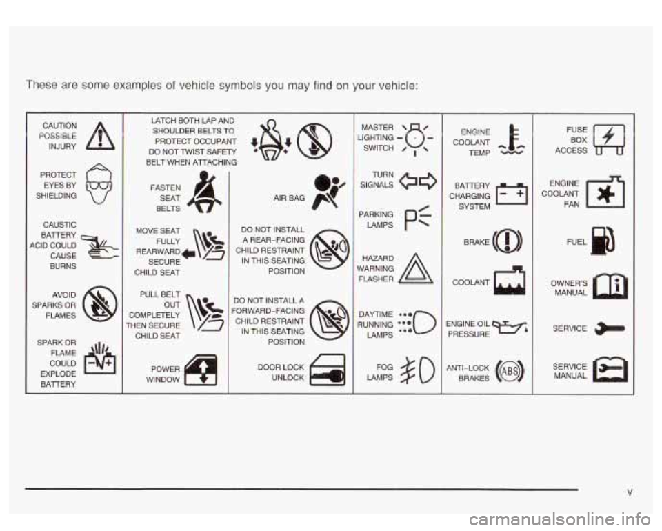 GMC YUKON DENALI 2003  Owners Manual These are some examples of vehicle symbols you  may find on your  vehicle: 
CAUTION 
POSSIBLE 
INJURY 
PROTECT  EYES  BY 
SHIELDING 
CAUSTIC 
BATTERY 
ACID  COULD  CAUSE 
BURNS 
AVO  ID 
SPARKS 
OR 
F