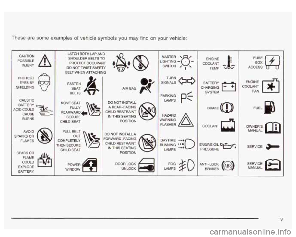 GMC YUKON DENALI 2003  Owners Manual These are some examples of vehicle symbols you  may find on your  vehicle: 
CAUTION 
POSSIBLE 
INJURY 
PROTECT  EYES  BY 
SHIELDING 
CAUSTIC 
BATTERY 
ACID  COULD  CAUSE 
BURNS 
AVO  ID 
SPARKS 
OR 
F