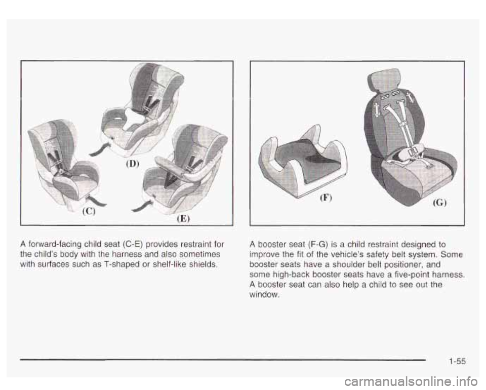 GMC YUKON DENALI 2003 Repair Manual A forward-facing child seat (C-E) provides restraint for
the child’s body with the harness and also sometimes
with surfaces such as T-shaped or shelf-like shields. A booster seat (F-G) is a GMC YUKON DENALI 2003 Repair Manual A forward-facing child seat (C-E) provides restraint for
the child’s body with the harness and also sometimes
with surfaces such as T-shaped or shelf-like shields. A booster seat (F-G) is a
