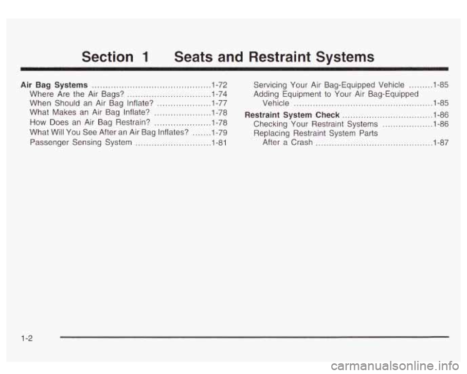 GMC YUKON DENALI 2003  Owners Manual Section 1 Seats  and  Restraint  Svstems 
Air Bag Systems ............................................ 1.72 
Where  Are  the  Air  Bags? 
............................... 1-74 
What  Makes  an  Air Bag