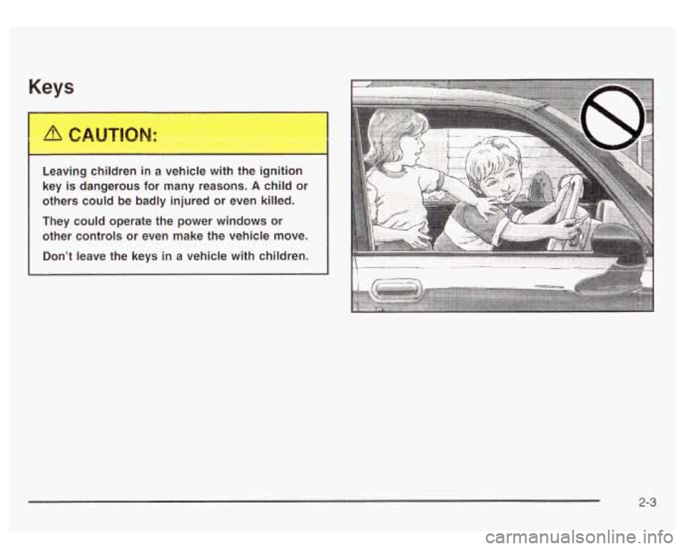 GMC YUKON DENALI 2003 Owners Manual Keys
key is dangerous for many reasons. A child or
others could be badly injured or even killed.
They could operate the power windows or
other controls or even make the vehicl GMC YUKON DENALI 2003 Owners Manual Keys
key is dangerous for many reasons. A child or
others could be badly injured or even killed.
They could operate the power windows or
other controls or even make the vehicl