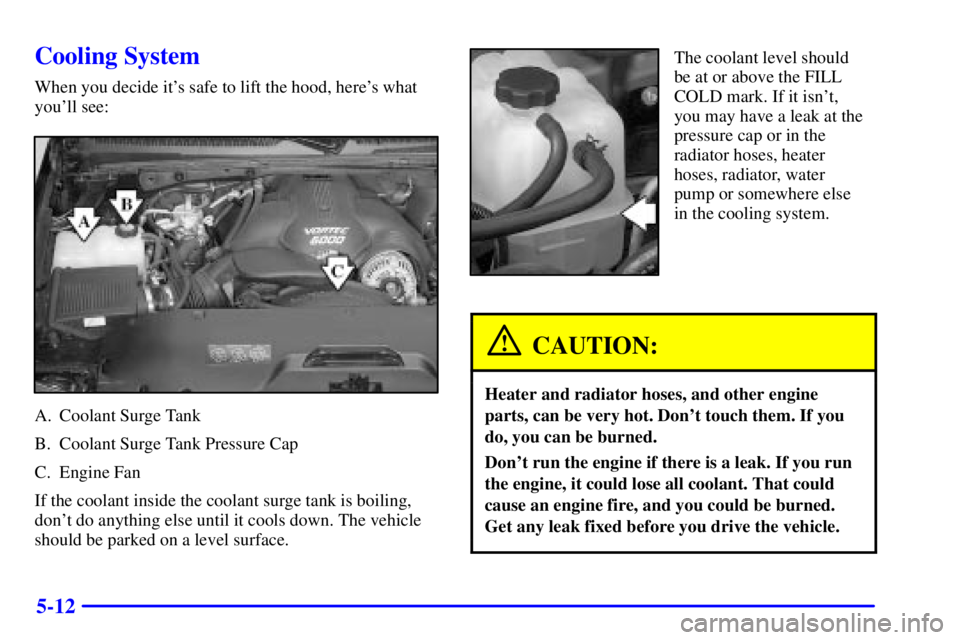 GMC YUKON DENALI 2002  Owners Manual 5-12
Cooling System
When you decide its safe to lift the hood, heres what
youll see:
A. Coolant Surge Tank
B. Coolant Surge Tank Pressure Cap
C. Engine Fan
If the coolant inside the coolant surge t
