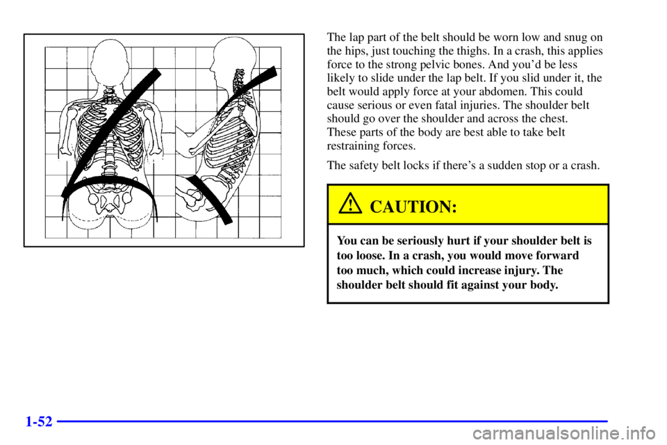 GMC YUKON DENALI 2002 Workshop Manual 1-52
The lap part of the belt should be worn low and snug on
the hips, just touching the thighs. In a crash, this applies
force to the strong pelvic bones. And youd be less
likely to slide under the GMC YUKON DENALI 2002 Workshop Manual 1-52
The lap part of the belt should be worn low and snug on
the hips, just touching the thighs. In a crash, this applies
force to the strong pelvic bones. And youd be less
likely to slide under the