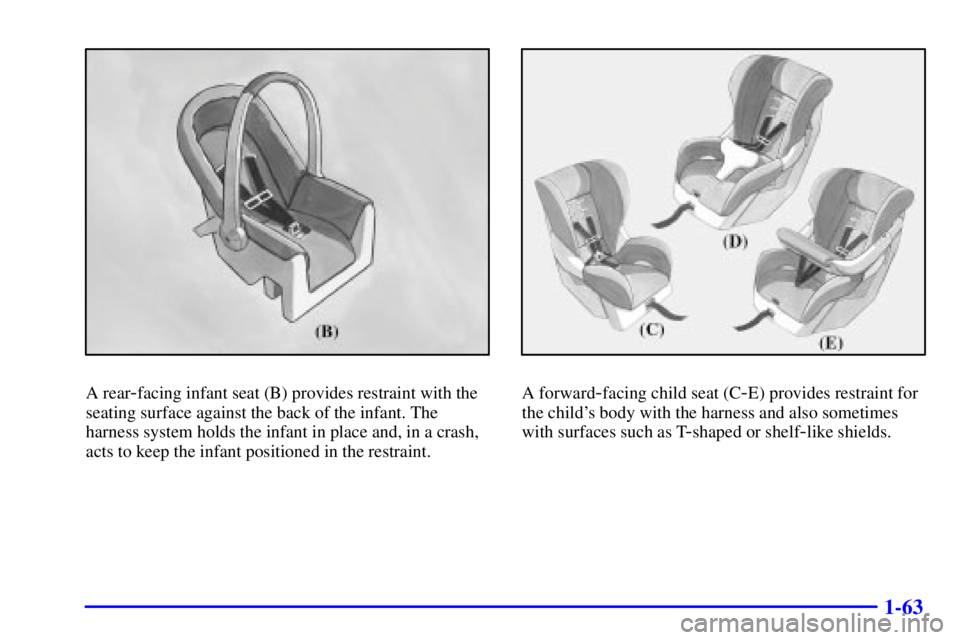 GMC YUKON DENALI 2002 Repair Manual 1-63
A rear-facing infant seat (B) provides restraint with the
seating surface against the back of the infant. The
harness system holds the infant in place and, in a crash,
acts to keep the infant pos