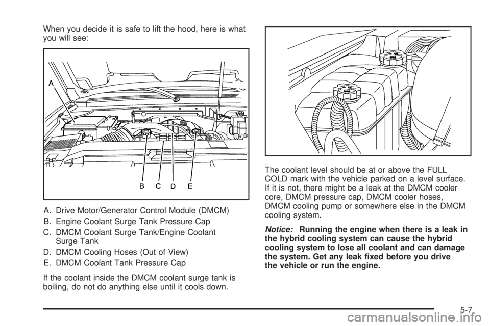 GMC YUKON HYBRID 2009 Service Manual When you decide it is safe to lift the hood, here is what
you will see:
A. Drive Motor/Generator Control Module (DMCM)
B. Engine Coolant Surge Tank Pressure Cap
C. DMCM Coolant Surge Tank/Engine Coola GMC YUKON HYBRID 2009 Service Manual When you decide it is safe to lift the hood, here is what
you will see:
A. Drive Motor/Generator Control Module (DMCM)
B. Engine Coolant Surge Tank Pressure Cap
C. DMCM Coolant Surge Tank/Engine Coola