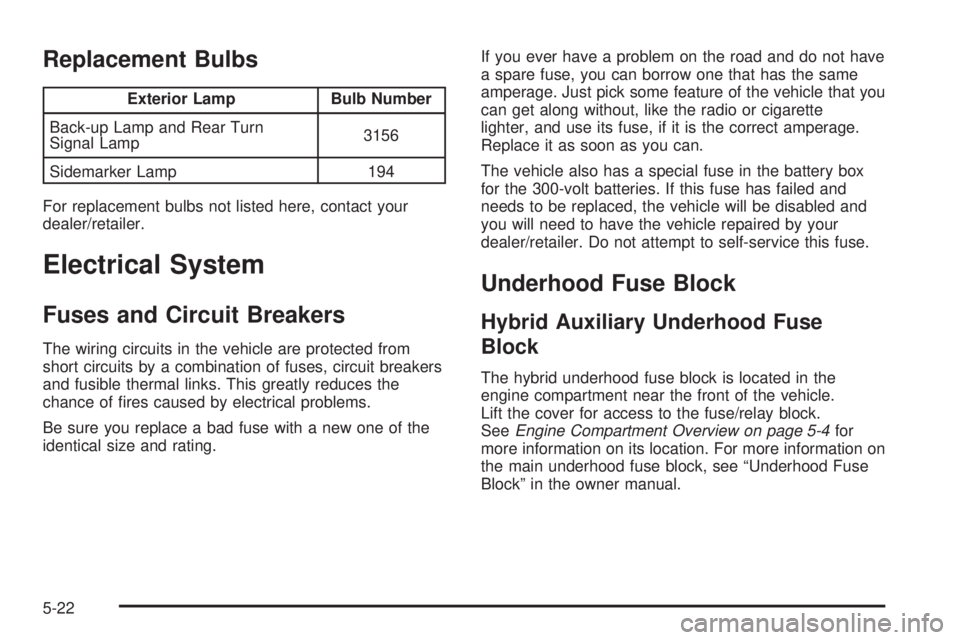 GMC YUKON HYBRID 2009 Workshop Manual Replacement Bulbs
Exterior Lamp Bulb Number
Back-up Lamp and Rear Turn
Signal Lamp3156
Sidemarker Lamp 194
For replacement bulbs not listed here, contact your
dealer/retailer.
Electrical System
Fuses 