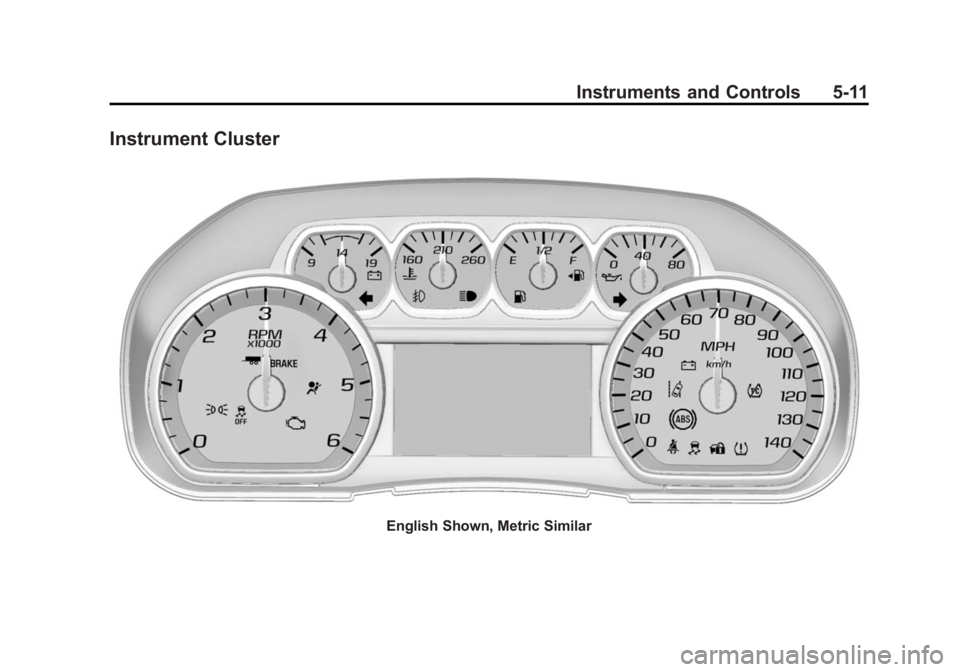GMC YUKON XL 2015 Owners Manual Black plate (11,1)GMC 2015i Yukon/Yukon XL Owner Manual (GMNA-Localizing-U.S./Canada/
Mexico-8431503) - 2015 - crc - 8/11/14
Instruments and Controls 5-11
Instrument Cluster
English Shown, Metric Simi GMC YUKON XL 2015 Owners Manual Black plate (11,1)GMC 2015i Yukon/Yukon XL Owner Manual (GMNA-Localizing-U.S./Canada/
Mexico-8431503) - 2015 - crc - 8/11/14
Instruments and Controls 5-11
Instrument Cluster
English Shown, Metric Simi