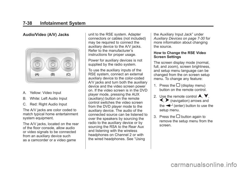 GMC YUKON XL 2011 Owners Manual Black plate (38,1)GMC Yukon/Yukon XL Owner Manual - 2011
7-38 Infotainment System
Audio/Video (A/V) Jacks
A. Yellow: Video Input
B. White: Left Audio Input
C. Red: Right Audio Input
The A/V jacks are GMC YUKON XL 2011 Owners Manual Black plate (38,1)GMC Yukon/Yukon XL Owner Manual - 2011
7-38 Infotainment System
Audio/Video (A/V) Jacks
A. Yellow: Video Input
B. White: Left Audio Input
C. Red: Right Audio Input
The A/V jacks are