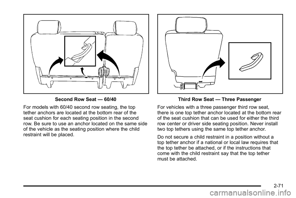 GMC YUKON XL 2010 Owners Manual Second Row Seat—60/40
For models with 60/40 second row seating, the top
tether anchors are located at the bottom rear of the
seat cushion for each seating position in the second
row. Be sure to use GMC YUKON XL 2010 Owners Manual Second Row Seat—60/40
For models with 60/40 second row seating, the top
tether anchors are located at the bottom rear of the
seat cushion for each seating position in the second
row. Be sure to use