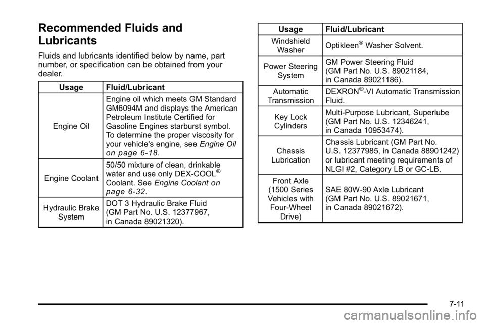 GMC YUKON XL 2010 Owners Manual Recommended Fluids and
Lubricants
Fluids and lubricants identified below by name, part
number, or specification can be obtained from your
dealer.Usage Fluid/Lubricant
Engine Oil Engine oil which meets GMC YUKON XL 2010 Owners Manual Recommended Fluids and
Lubricants
Fluids and lubricants identified below by name, part
number, or specification can be obtained from your
dealer.Usage Fluid/Lubricant
Engine Oil Engine oil which meets