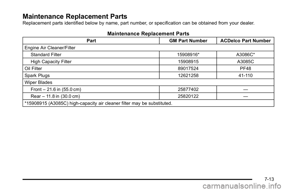 GMC YUKON XL 2010  Owners Manual Maintenance Replacement Parts
Replacement parts identified below by name, part number, or specification can be obtained from your dealer.
Maintenance Replacement Parts
PartGM Part Number ACDelco Part 