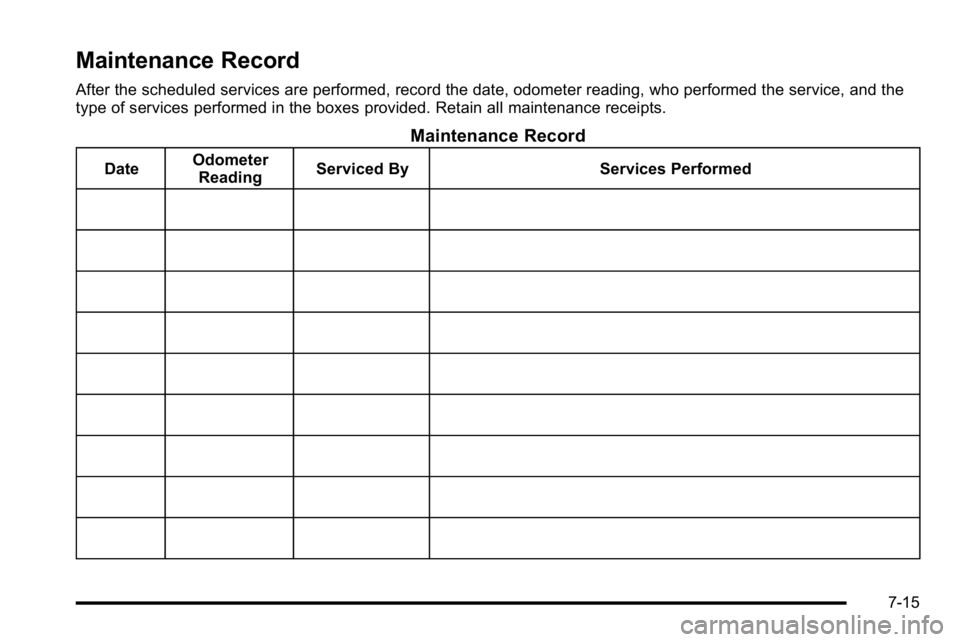 GMC YUKON XL 2010  Owners Manual Maintenance Record
After the scheduled services are performed, record the date, odometer reading, who performed the service, and the
type of services performed in the boxes provided. Retain all mainte