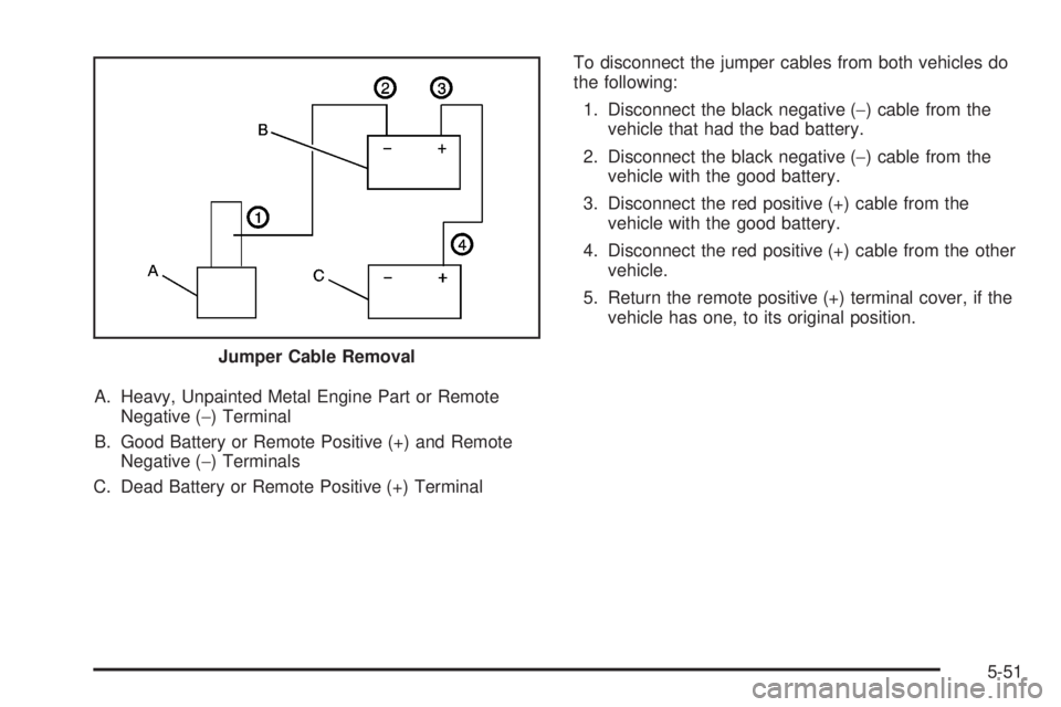 GMC YUKON XL 2008  Owners Manual A. Heavy, Unpainted Metal Engine Part or Remote
Negative (−) Terminal
B. Good Battery or Remote Positive (+) and Remote
Negative (−) Terminals
C. Dead Battery or Remote Positive (+) TerminalTo dis