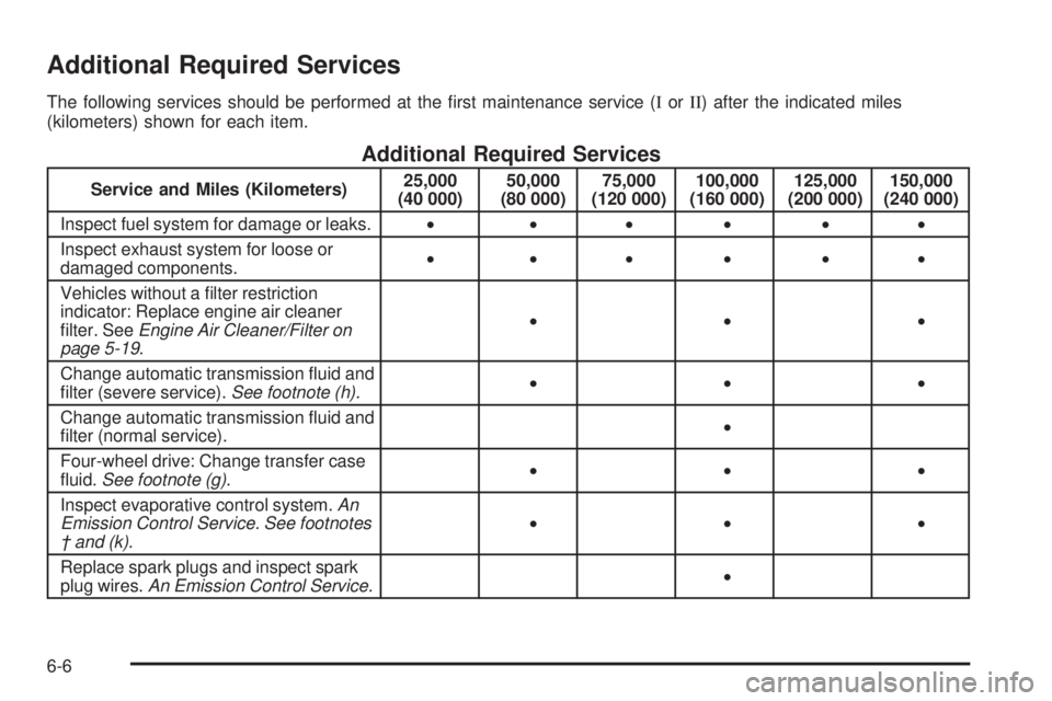 GMC YUKON XL 2008  Owners Manual Additional Required Services
The following services should be performed at the �rst maintenance service (IorII) after the indicated miles
(kilometers) shown for each item.
Additional Required Services