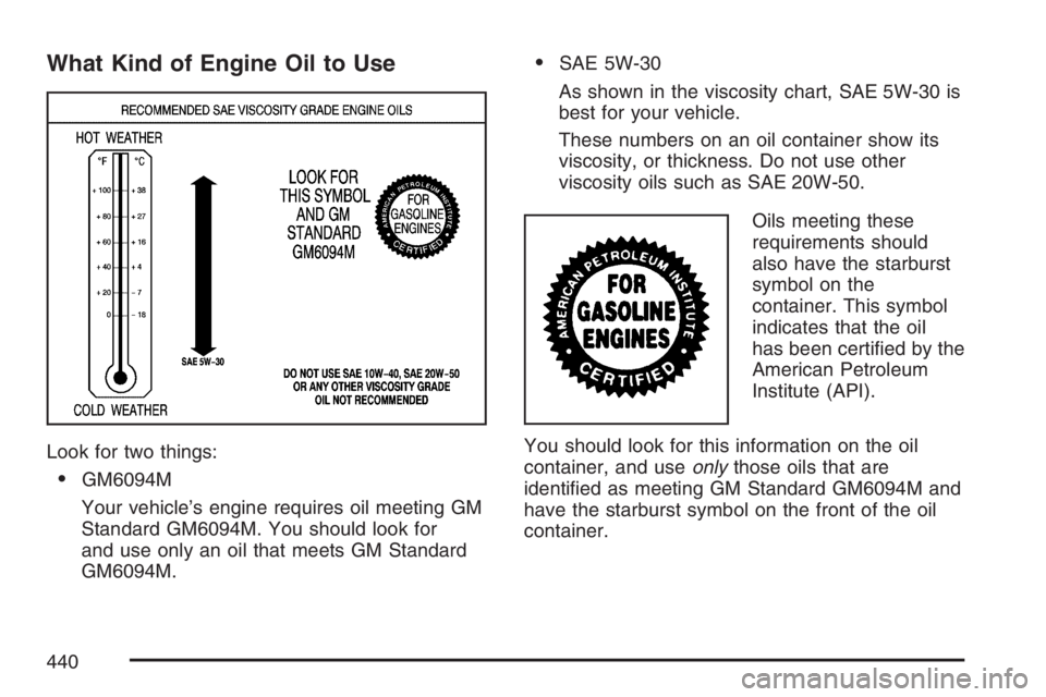 GMC YUKON XL 2007  Owners Manual What Kind of Engine Oil to Use
Look for two things:
GM6094M
Your vehicle’s engine requires oil meeting GM
Standard GM6094M. You should look for
and use only an oil that meets GM Standard
GM6094M.
