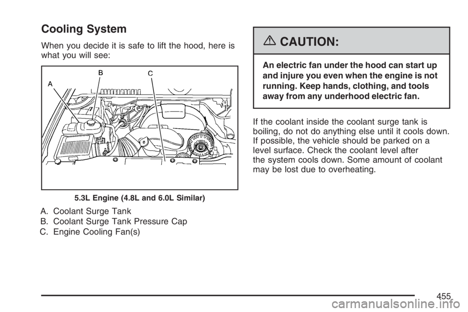 GMC YUKON XL 2007  Owners Manual Cooling System
When you decide it is safe to lift the hood, here is
what you will see:
A. Coolant Surge Tank
B. Coolant Surge Tank Pressure Cap
C. Engine Cooling Fan(s){CAUTION:
An electric fan under 