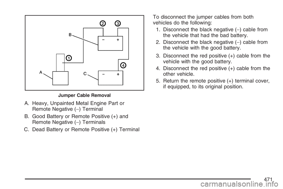 GMC YUKON XL 2007  Owners Manual A. Heavy, Unpainted Metal Engine Part or
Remote Negative (−) Terminal
B. Good Battery or Remote Positive (+) and
Remote Negative (−) Terminals
C. Dead Battery or Remote Positive (+) TerminalTo dis