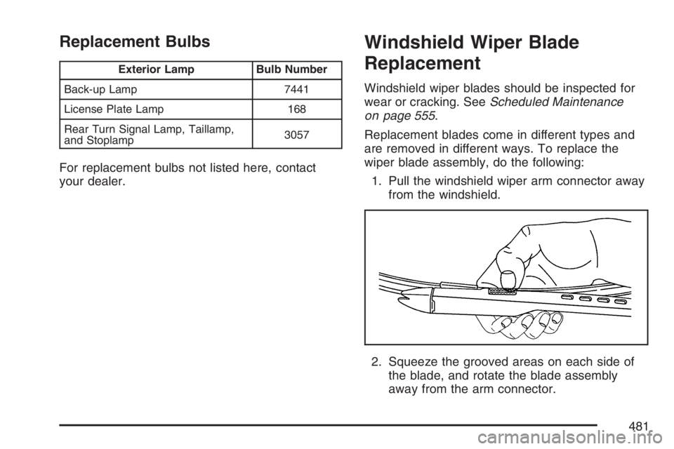 GMC YUKON XL 2007  Owners Manual Replacement Bulbs
Exterior Lamp Bulb Number
Back-up Lamp 7441
License Plate Lamp 168
Rear Turn Signal Lamp, Taillamp,
and Stoplamp3057
For replacement bulbs not listed here, contact
your dealer.
Winds