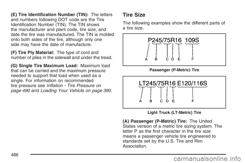GMC YUKON XL 2007  Owners Manual (E) Tire Identi�cation Number (TIN):The letters
and numbers following DOT code are the Tire
Identi�cation Number (TIN). The TIN shows
the manufacturer and plant code, tire size, and
date the tire was 