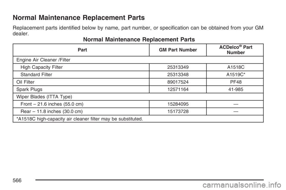 GMC YUKON XL 2007  Owners Manual Normal Maintenance Replacement Parts
Replacement parts identi�ed below by name, part number, or speci�cation can be obtained from your GM
dealer.
Normal Maintenance Replacement Parts
Part GM Part Numb