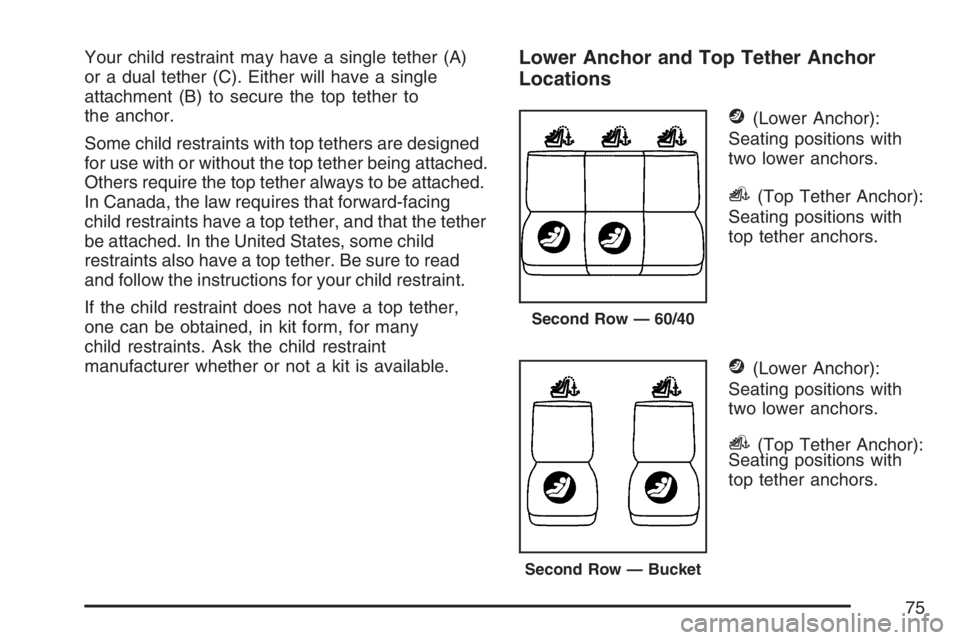 GMC YUKON XL 2007 Manual PDF Your child restraint may have a single tether (A)
or a dual tether (C). Either will have a single
attachment (B) to secure the top tether to
the anchor.
Some child restraints with top tethers are desi GMC YUKON XL 2007 Manual PDF Your child restraint may have a single tether (A)
or a dual tether (C). Either will have a single
attachment (B) to secure the top tether to
the anchor.
Some child restraints with top tethers are desi