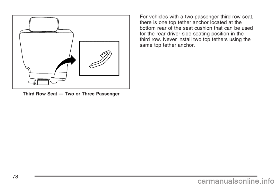 GMC YUKON XL 2007 Manual PDF For vehicles with a two passenger third row seat,
there is one top tether anchor located at the
bottom rear of the seat cushion that can be used
for the rear driver side seating position in the
third GMC YUKON XL 2007 Manual PDF For vehicles with a two passenger third row seat,
there is one top tether anchor located at the
bottom rear of the seat cushion that can be used
for the rear driver side seating position in the
third