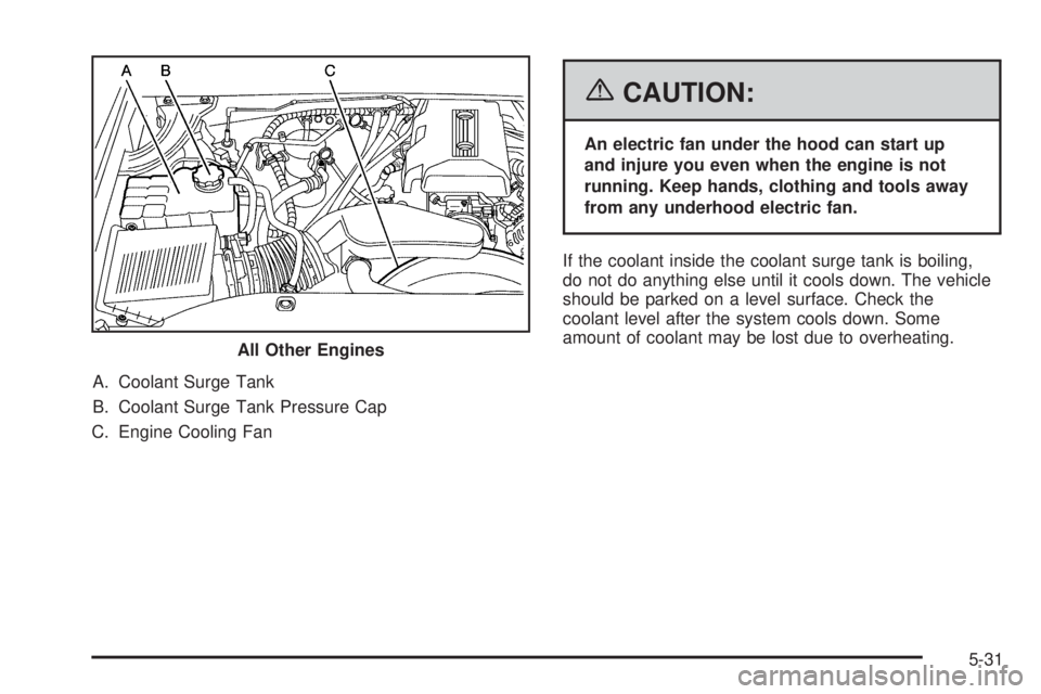 GMC YUKON XL 2006 User Guide A. Coolant Surge Tank
B. Coolant Surge Tank Pressure Cap
C. Engine Cooling Fan
{CAUTION:
An electric fan under the hood can start up
and injure you even when the engine is not
running. Keep hands, clo