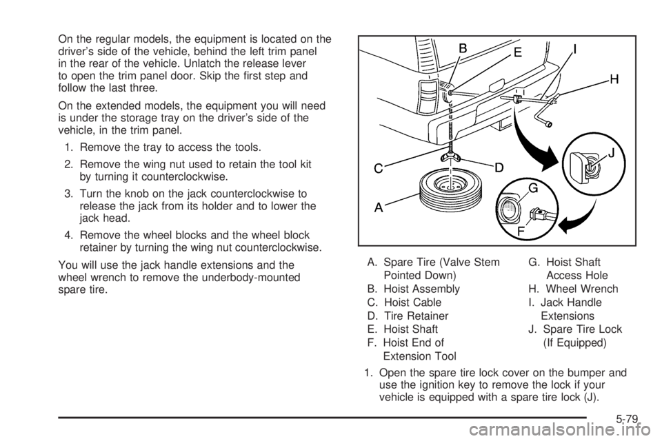 GMC YUKON XL 2006  Owners Manual On the regular models, the equipment is located on the
driver’s side of the vehicle, behind the left trim panel
in the rear of the vehicle. Unlatch the release lever
to open the trim panel door. Ski