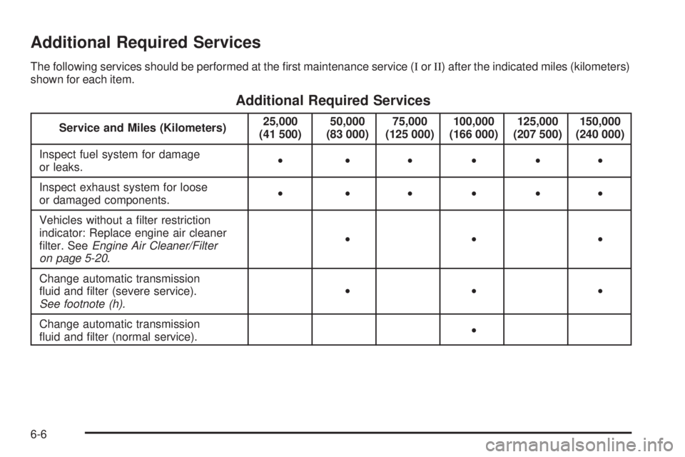 GMC YUKON XL 2006  Owners Manual Additional Required Services
The following services should be performed at the �rst maintenance service (IorII) after the indicated miles (kilometers)
shown for each item.
Additional Required Services