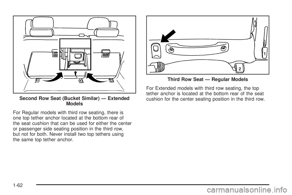 GMC YUKON XL 2006  Owners Manual For Regular models with third row seating, there is
one top tether anchor located at the bottom rear of
the seat cushion that can be used for either the center
or passenger side seating position in th